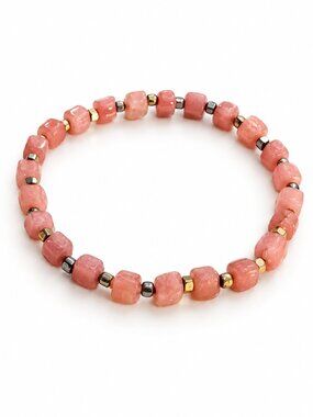 Rose Quartz Nugget Bead Stretch Bracelet Mixed Metal Accents